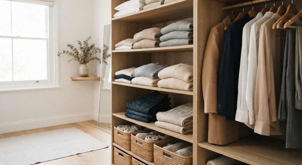Minimalistisk garderobe med få basisstykker i neutrale farver som illustrerer en capsule garderobe