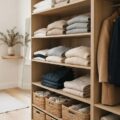 Minimalistisk garderobe med få basisstykker i neutrale farver som illustrerer en capsule garderobe