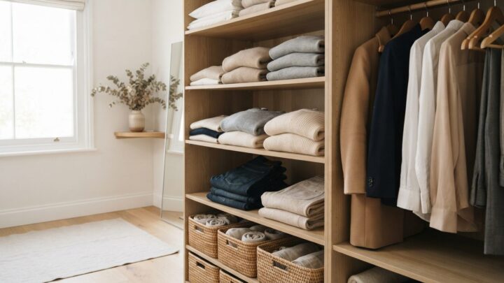 Minimalistisk garderobe med få basisstykker i neutrale farver som illustrerer en capsule garderobe