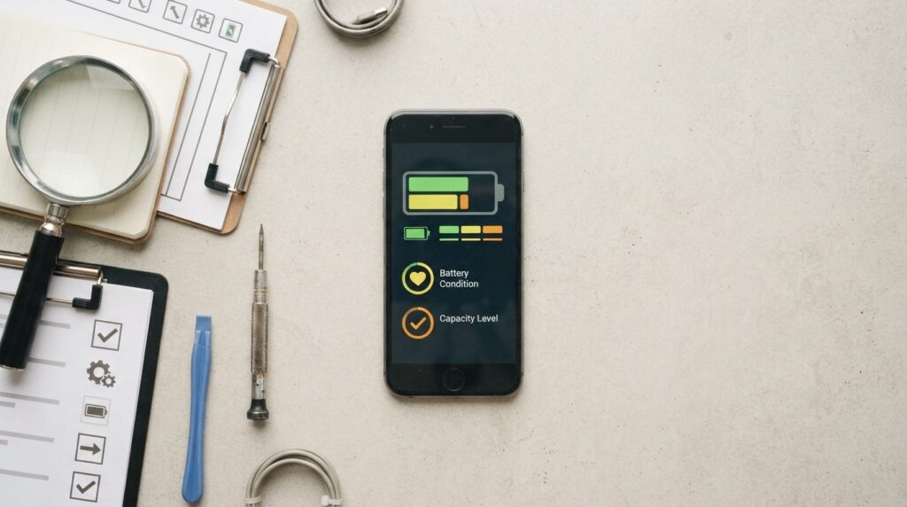 Flat lay product photography of a used smartphone with a bat