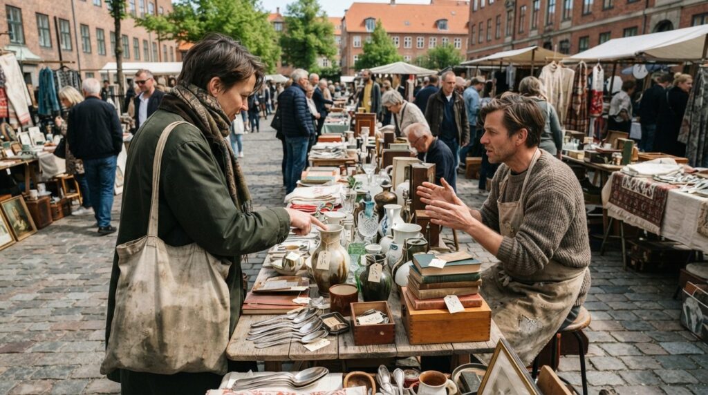 Overhead stock photo, 16:9 aspect ratio, flea market shopper