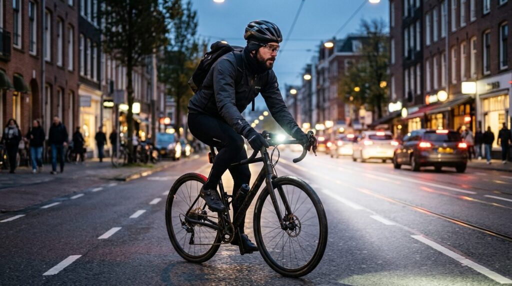 Close-up lifestyle shot of a cyclist wearing dark winter clo