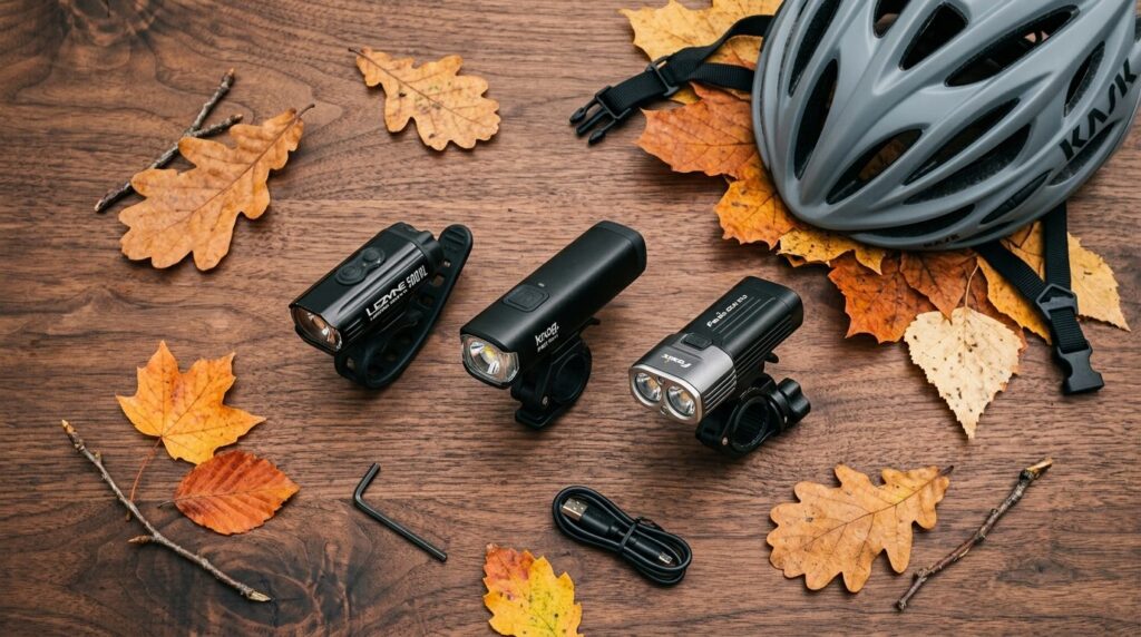 Flat lay product display of three different LED bicycle fron