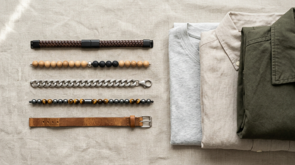 Flat lay product photography of coordinated mens bracelets