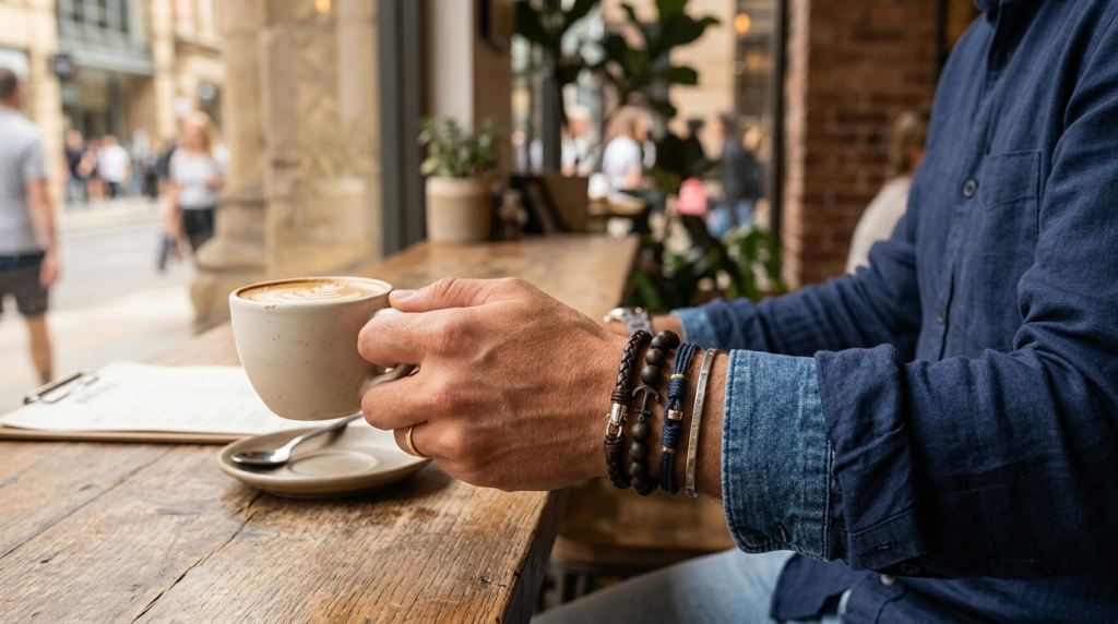 Close-up detail shot of a mans wrist wearing layered bracel