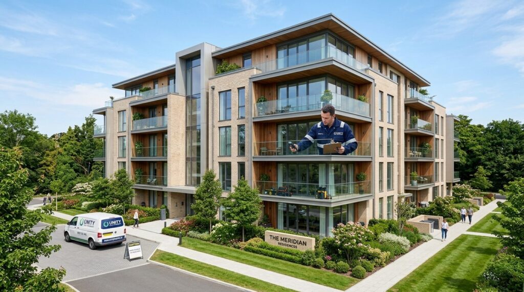 Wide shot of a modern residential building exterior with a m