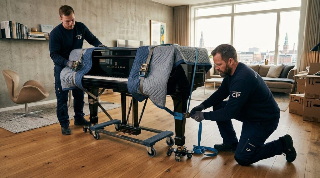 Detailed photograph of professional movers securing an acous