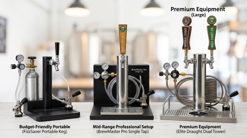Close-up product photography of three different draft beer t