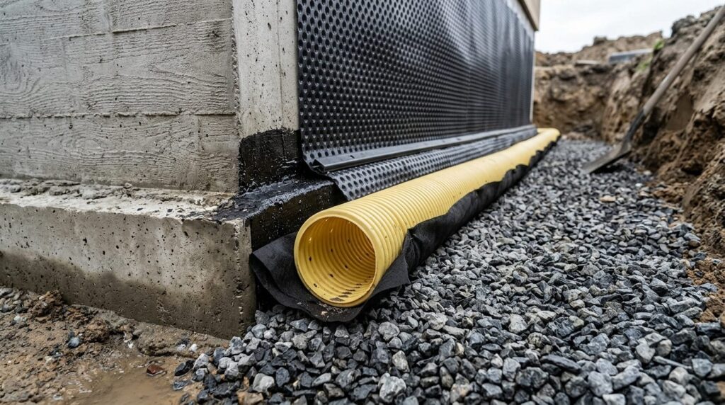 Close-up detail shot of omfangsdræn perimeter drainage insta