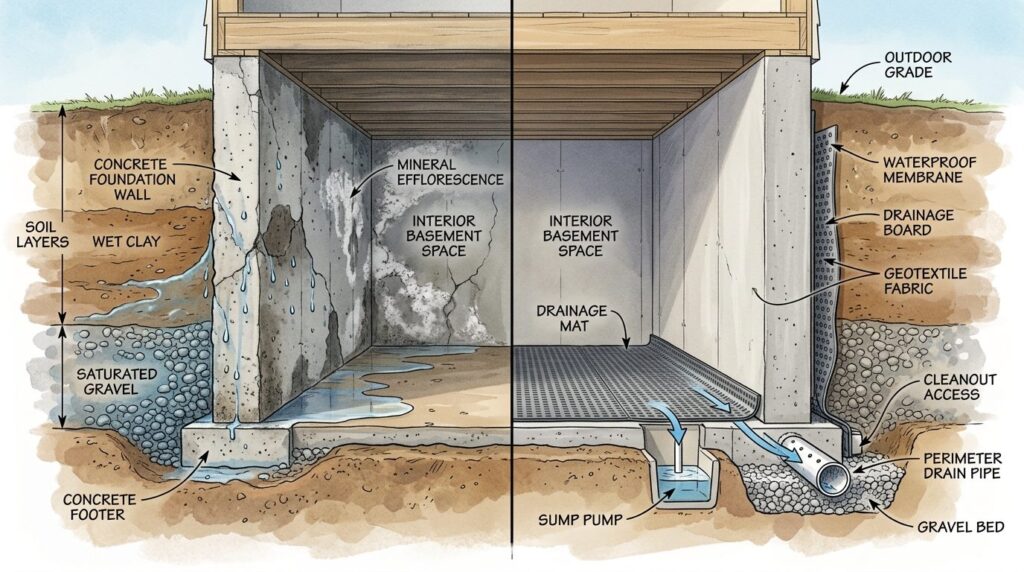 Cross-section illustration style photograph of basement foun