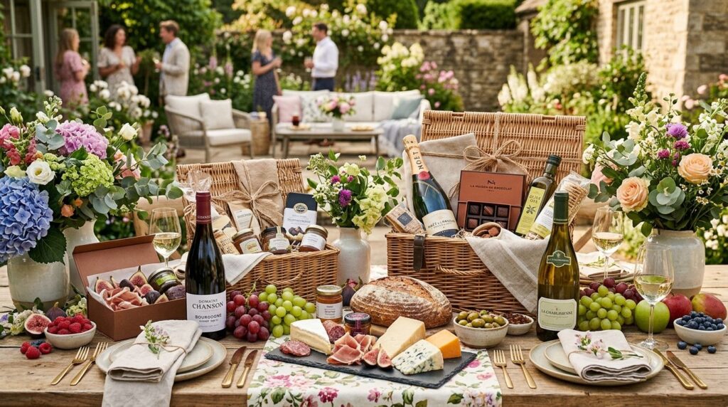 Stylish outdoor garden party table setting with elegant gift