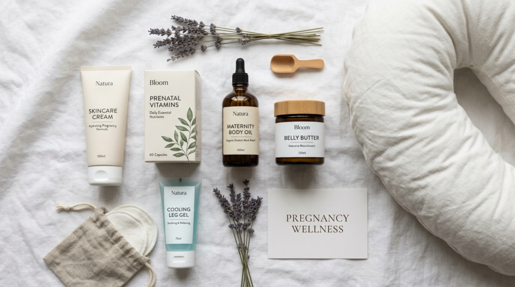 Close-up flat lay photography of premium pregnancy wellness
