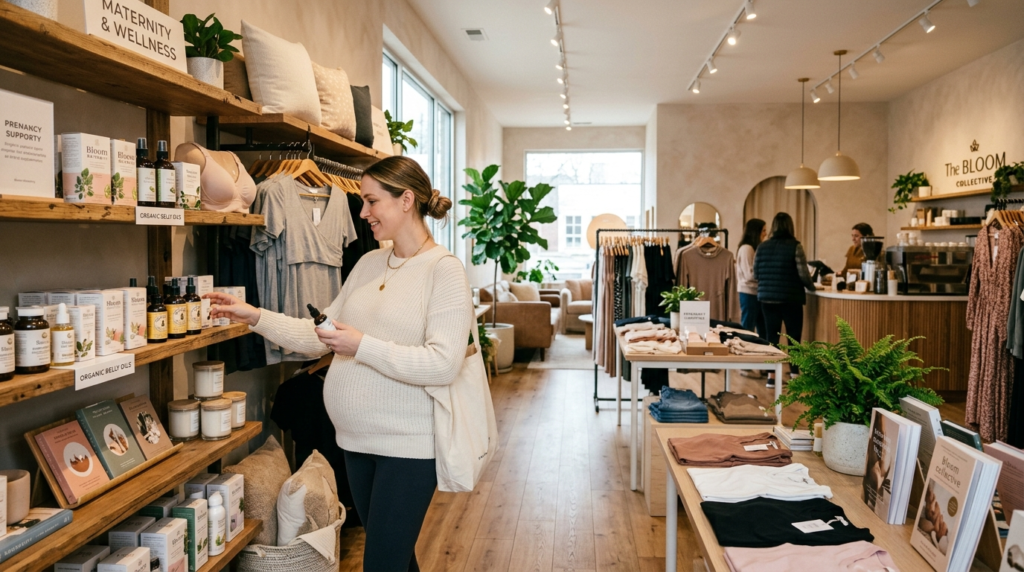 Realistic indoor shopping scene of a modern wellness boutiqu