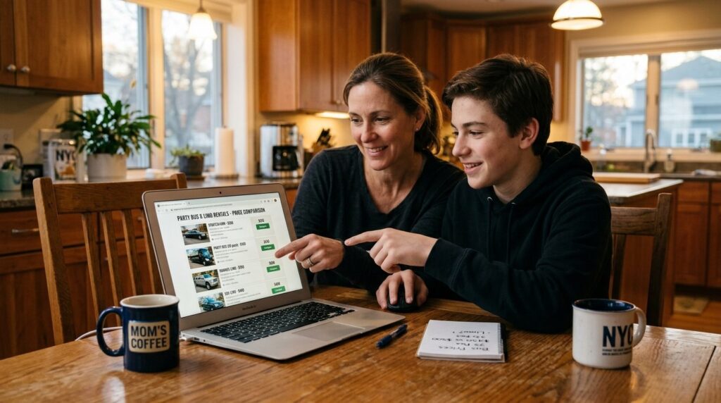 Forælder og studerende sammenligner priser på en bærbar computer.
