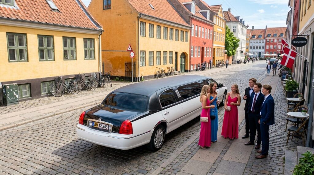 Luksuriøs hvid og sort limousine set fra oven.