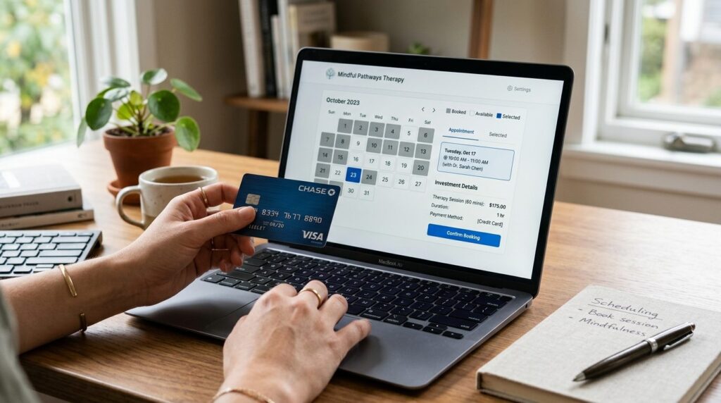 Close-up of a hand holding a credit card over a laptop scree