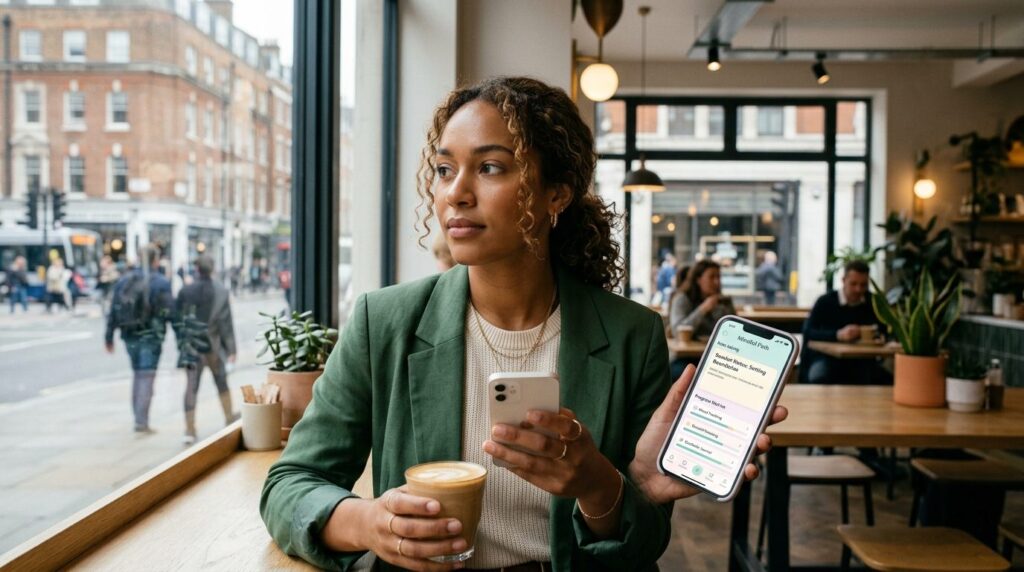 Young professional woman sitting at a cafe window, holding a