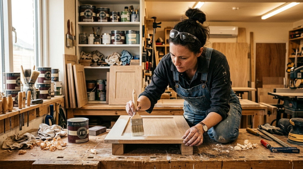 Hands-on craftsperson carefully refinishing kitchen cabinet