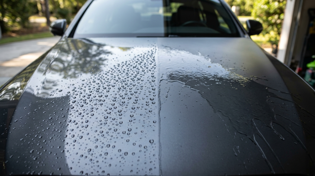 Side-by-side comparison of car paint surfaces: left side sho