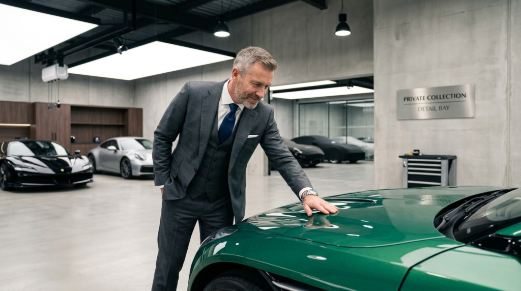 Wealthy car owner inspecting their pristine luxury vehicle i
