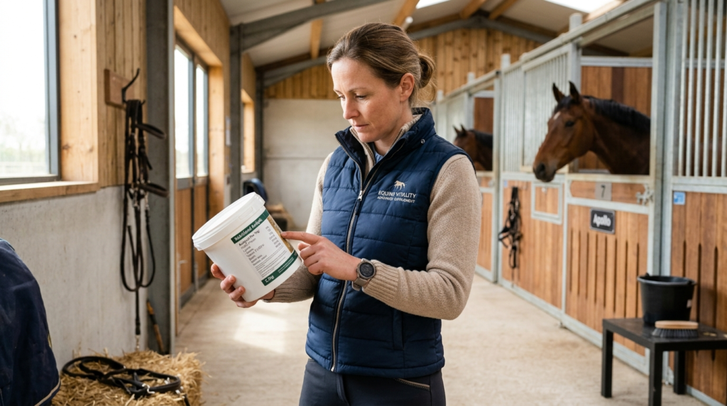 Photorealistic image of a conscious horse owner examining eq