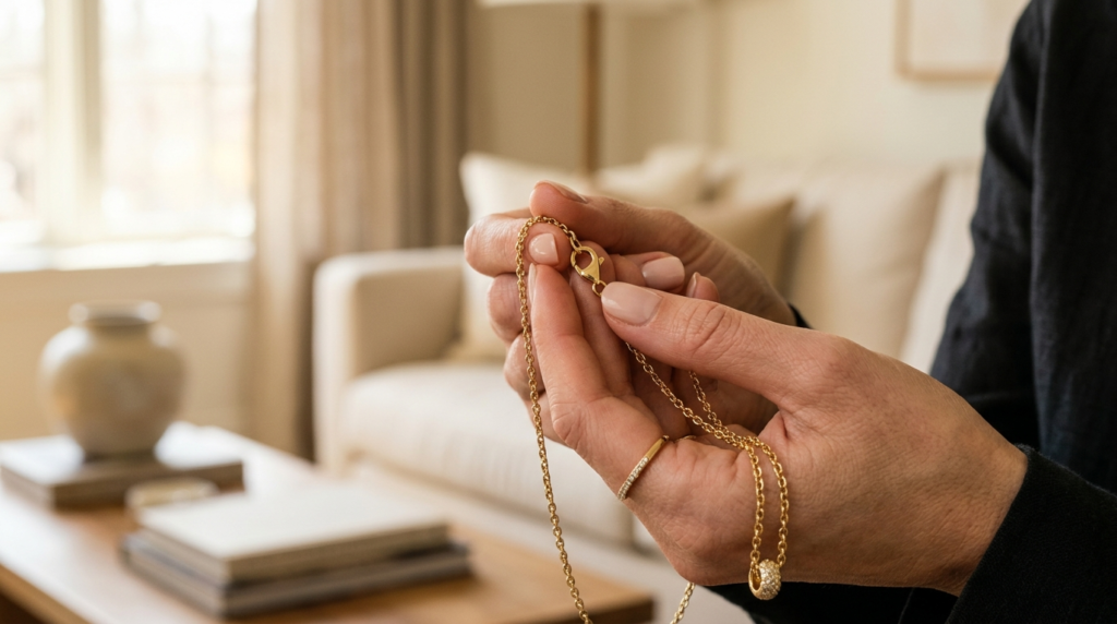 Close-up detail shot of a womans hand holding a high-qualit