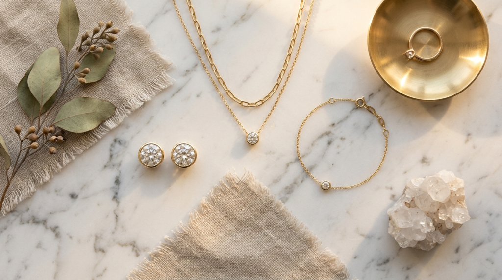 Top-down flat lay of jewelry investment pieces including cla