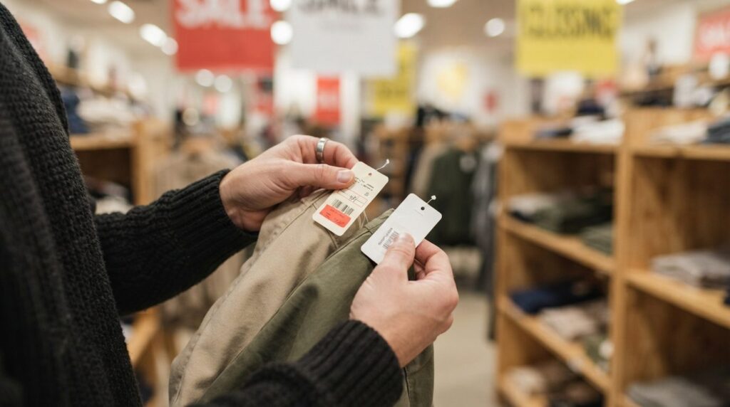 Close-up overhead shot of shoppers hands comparing price ta