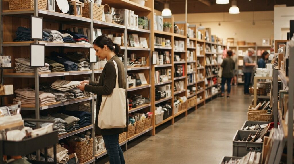 Wide angle view of organized store shelves with clearance me