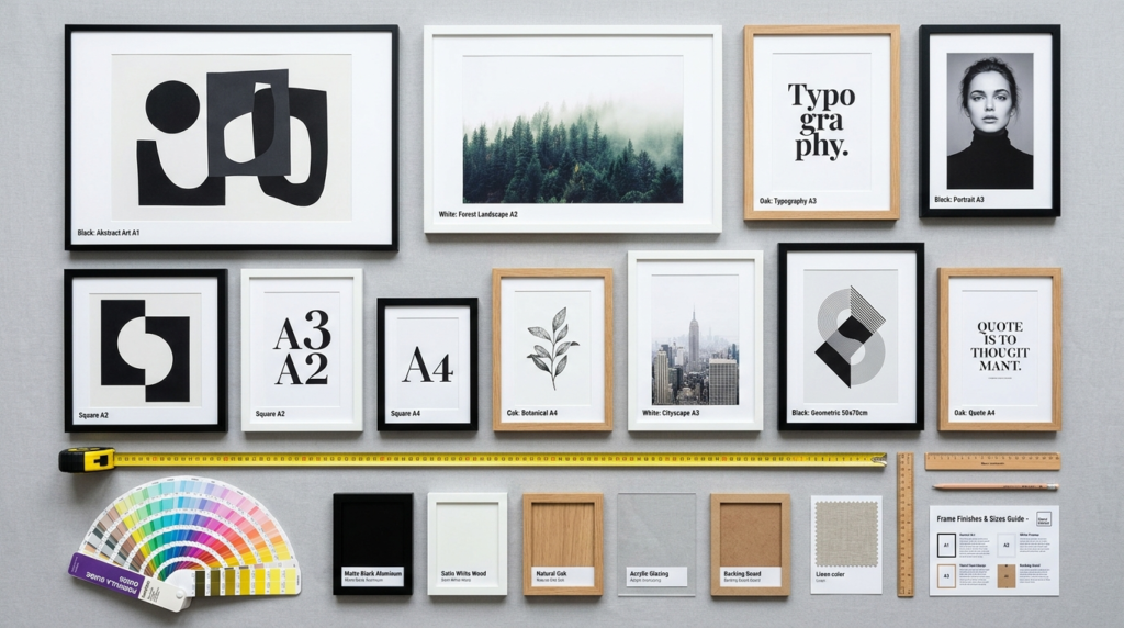Flat lay photograph of various framed poster formats and siz