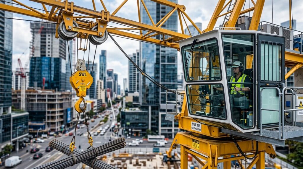 Close-up view of an electric cranes control cabin and pulle