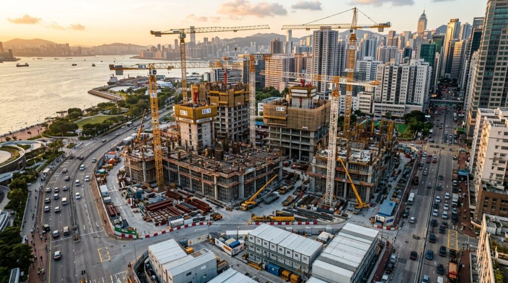 Aerial view of multiple electric cranes coordinating on a la
