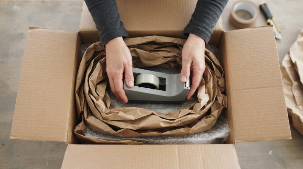 Close-up overhead shot of hands carefully placing a tape dis