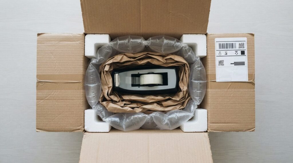 Flat lay composition showing a properly packed tape dispense