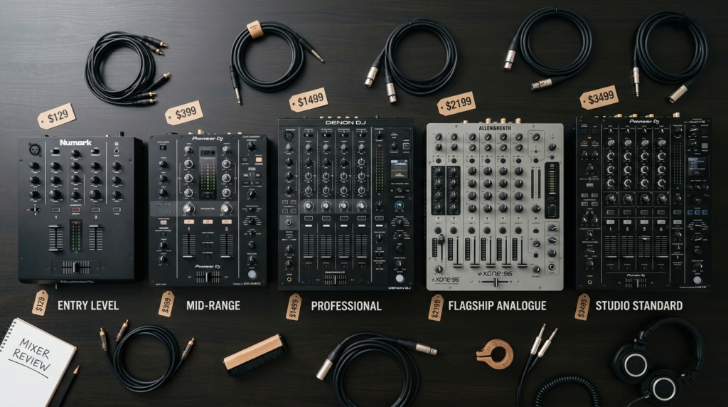 Flat lay overhead shot of DJ equipment comparison scene show