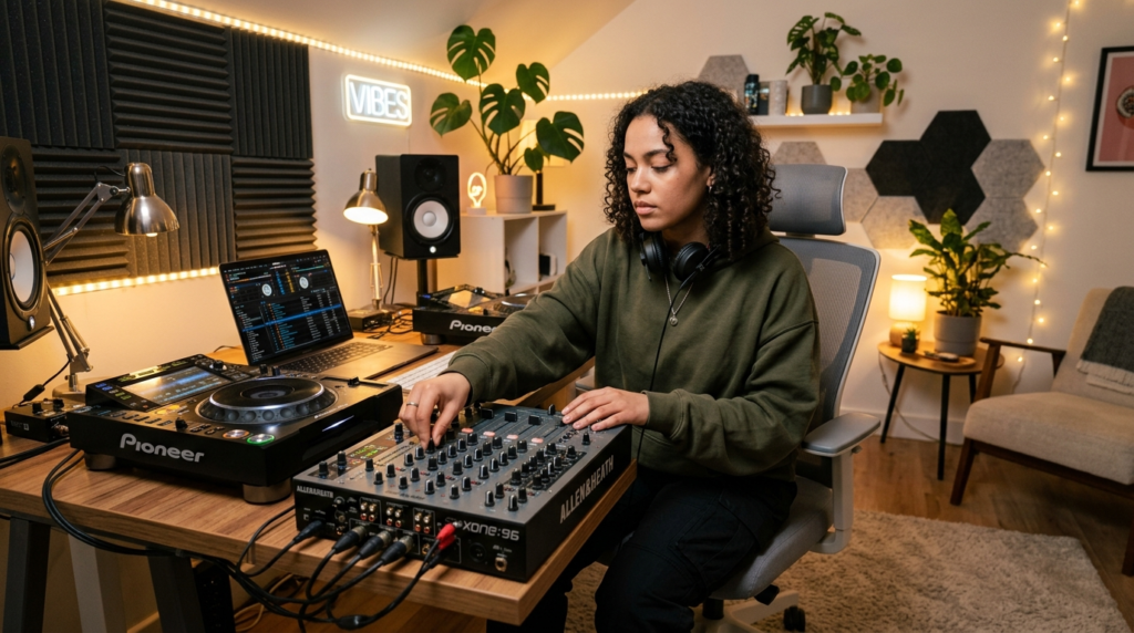 Young person in casual stylish clothing sitting at DJ mixer