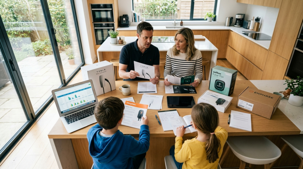Wide angle overhead shot of a family examining different hom