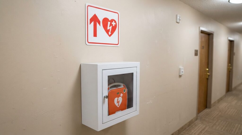 Close-up detailed view of a professional AED defibrillator w