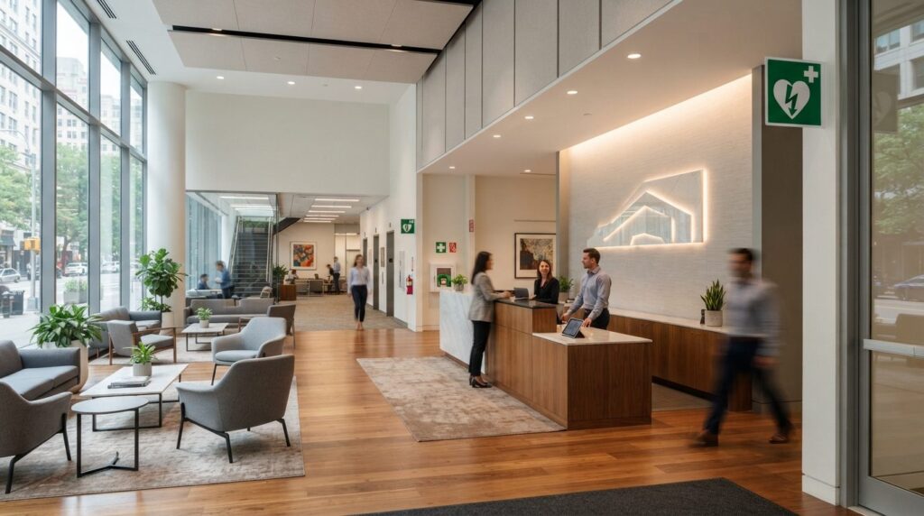 Wide shot of a modern office reception area with strategical