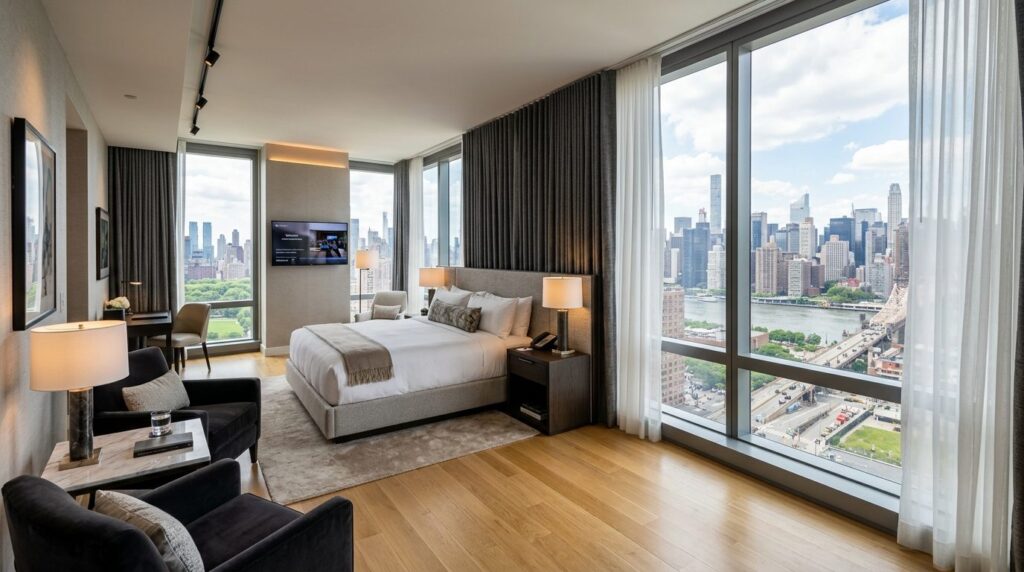 Modern hotel suite with floor-to-ceiling windows featuring s