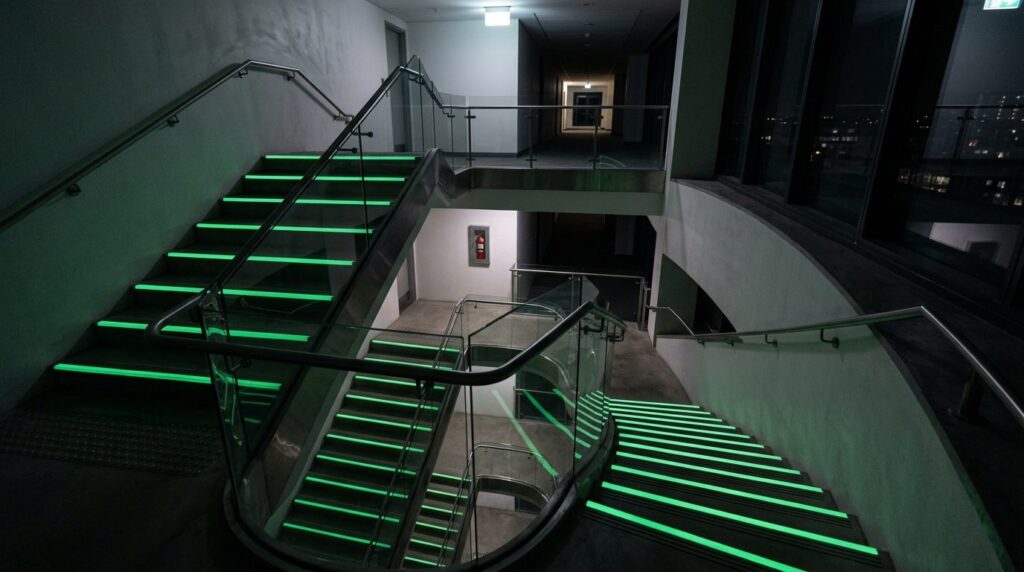 Wide angle shot of workplace stairwell with self-luminous sa