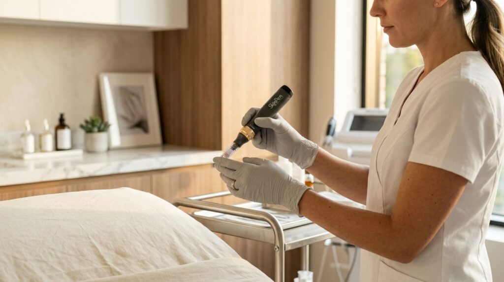 Luxury SkinPen microneedling device held by professional aes