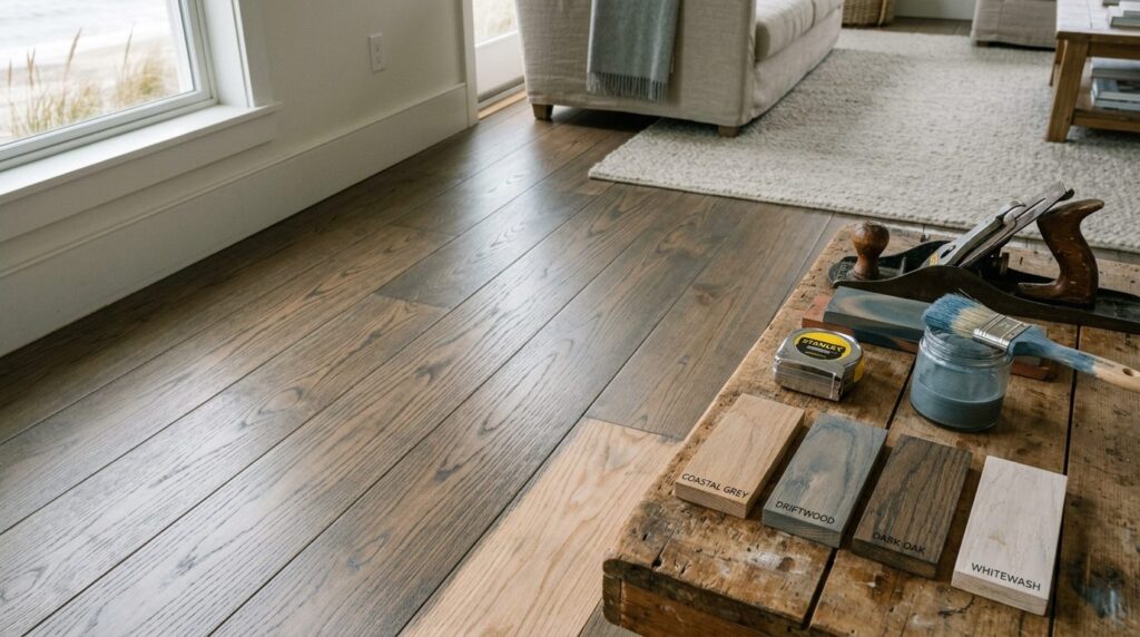 Close-up of freshly stained wooden floorboards in a coastal 