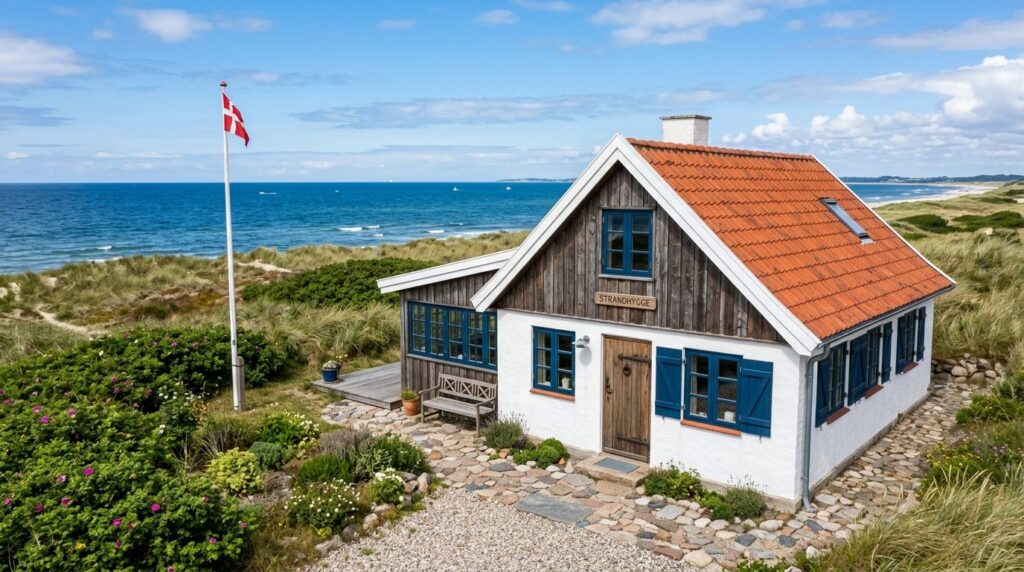 Wide shot of a seaside cottage exterior showing restored woo