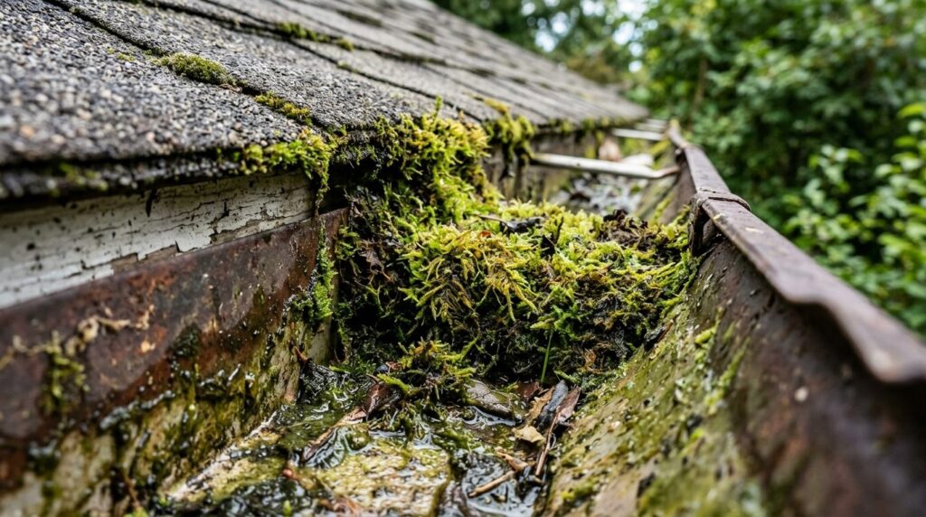 Close-up detail of roof gutters with visible green algae and
