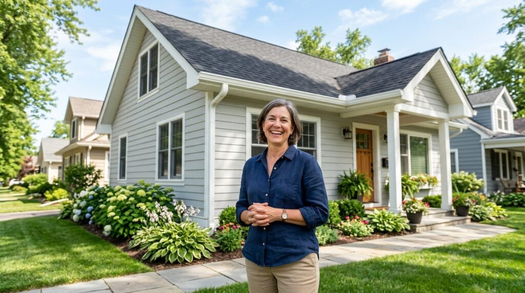 Happy middle-aged homeowner standing in front of their house