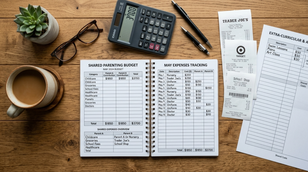 Close-up overhead shot of a smart shared parenting budget pl